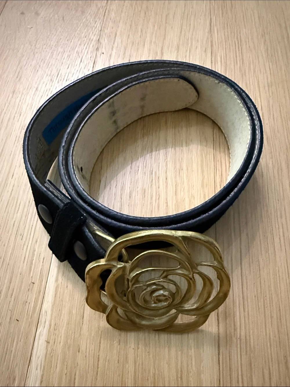 Black Leather Belt with Gold Floral Buckle